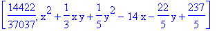 [14422/37037, x^2+1/3*x*y+1/5*y^2-14*x-22/5*y+237/5]